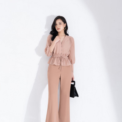 Áo sơ mi nữ thiết kế kiểu bèo eo thắt nơ tay bồng lỡ chất liệu xanh Recycled HeraDG SAKBC3019