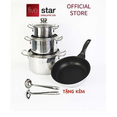 Bộ nồi chảo chống dính bếp từ Fivestar 4 chiếc nắp kính , tặng 1 vá canh, inox 430, dùng được mọi bếp