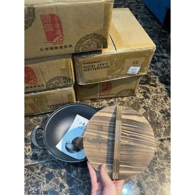 Chảo Nồi Gang Sâu Lòng Đúc Nguyên Khối Size 20cm & 25cm, Tặng Kèm Vung Gỗ - HÀNG CHÍNH HÃNG MINIIN