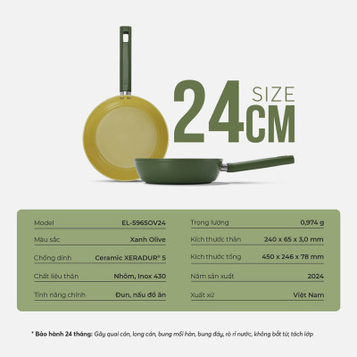Chảo phủ sứ cao cấp Elmich Olive EL-5965OV nhiều size, Hàng chính hãng, dùng được mọi bếp - JoyMall