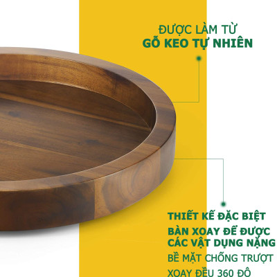 Khay gỗ xoay 360 độ đường kính 33cm, decor trang trí thức ăn, đựng đồ dùng nhà bếp - Màu nâu gỗ và trắng