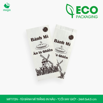 MFT1T2N - 24x9.5x4.5 cm - 1000 Túi bánh mì Trắng, in sẵn họa tiết CỐI XAY GIÓ - Bao bánh mì Túi giấy thực phẩm an toàn
