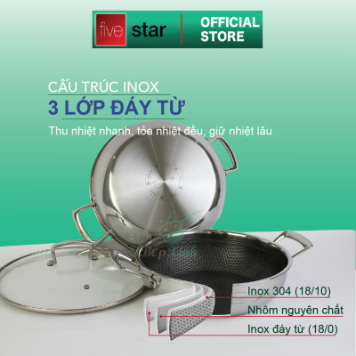 Chảo tổ ong chống dính 2 quai 3 lớp đáy liền inox 304  FiveStar Plush 24cm / 26cm /28cm  , tặng 1 sạn inox