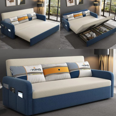 Sofa giường đa năng hộc kéo HGK-03 ngăn chứa đồ tiện dụng Tundo KT 1m8 phối trắng xanh