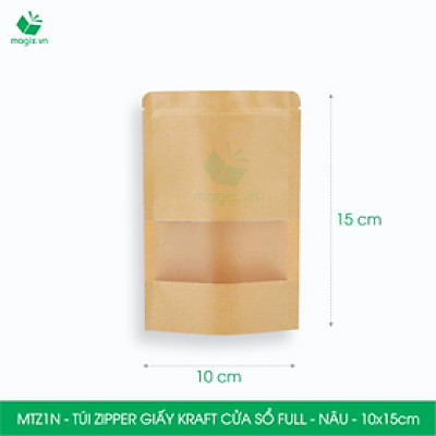 MTZ1N - 10x15cm - Combo 100 Túi Zipper giấy Kraft Nâu đáy đứng có cửa sổ
