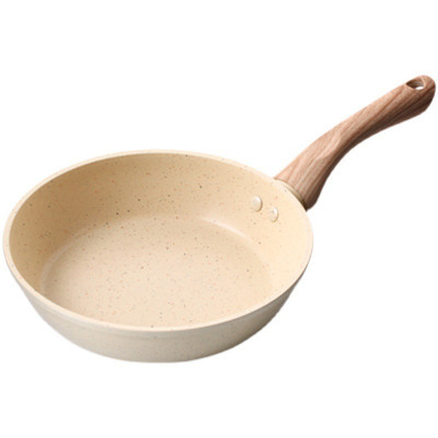 Chảo Chống Dính Bếp Từ Vân Đá Kiểu Nhật Không Nắp Size 22cm Cán Gỗ, Chảo Đáy Từ Ceramic Màu Trắng Kem Sang Trọng, Cao Cấp Dùng Cho Mọi Loại Bếp