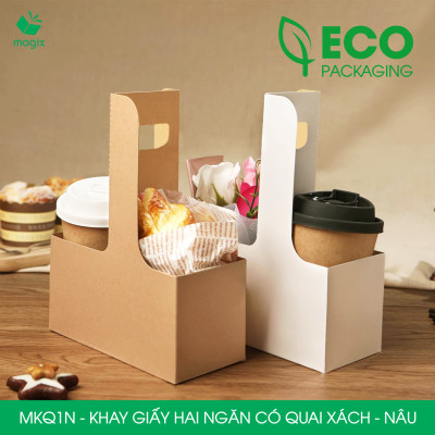 MKQ1N - 17.5x8x9 cm - Combo 100 Khay giấy 2 ngăn quai xách màu nâu siêu chắc, hộp giấy 2 ngăn chống thấm đựng ly nước, hoa và quà tặng