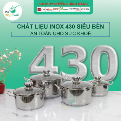Bộ Nồi Và Chảo Chống Dính Inox 430 Bếp Từ 3 Đáy 5 Món Nắp Kính Fivestar