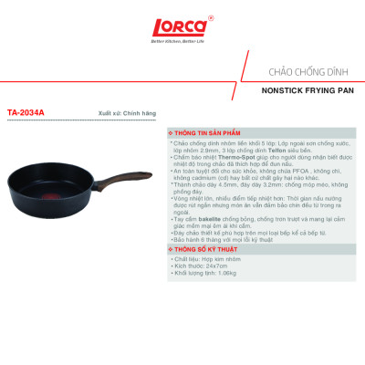 Chảo Chống Dính 5 Lớp Liền Khối Lorca TA 2034A Dùng Cho Mọi Loại Bếp, Cảm Biến Nhiệt, Sâu Lòng