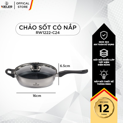 Chảo chống dính có nắp cao cấp KIELER đáy từ 24cm nấu nhanh, tiết kiệm điện, có 2 lớp chống dính Whitford RW1222-C24