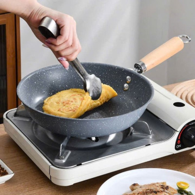 Chảo Chiên Đáy Nông Vân Đá 25cm Tay Cầm Gỗ Chảo Chống Dính Dễ Lau Chùi, Phù Hợp Mọi Loại Bếp Dẫn Nhiệt Đều Và Nhanh