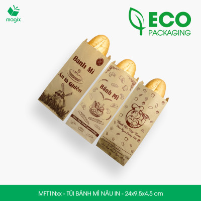 Combo 100 Túi bánh mì Nâu 24x9.5x4.5 cm - In sẵn họa tiết nhiều mẫu - Bao bánh mì Túi giấy thực phẩm an toàn
