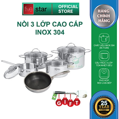 Bộ nồi chảo chống dính sâu lòng tổ ong 3 lớp đáy liền inox 304 Fivestar Plus quai oval nắp kính , tặng 1 sạn inox