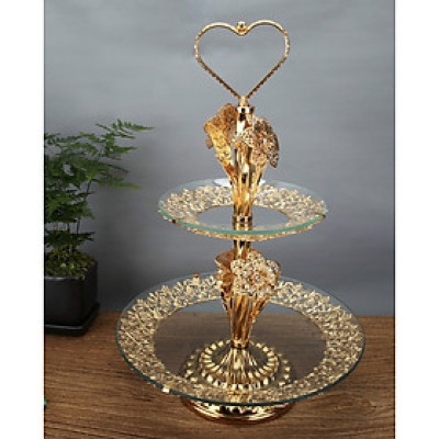 KHAY ĐỰNG BÁNH KẸO HOA QUẢ 2 TẦNG THỦY TINH KHUNG KIM LOẠI THÁP
