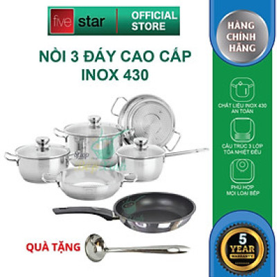 Bộ nồi chảo xửng hấp 3 Đáy Inox 430 cao cấp Fivestar Standard 6 món bếp từ nắp kính , tặng 1 vá canh