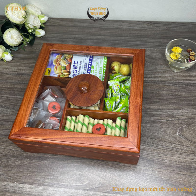 Khay Bánh Kẹo Mứt Tết Gỗ Hương Nắp Kính Vuông Trong Suốt Thiết Kế Trang Trọng - CTH590