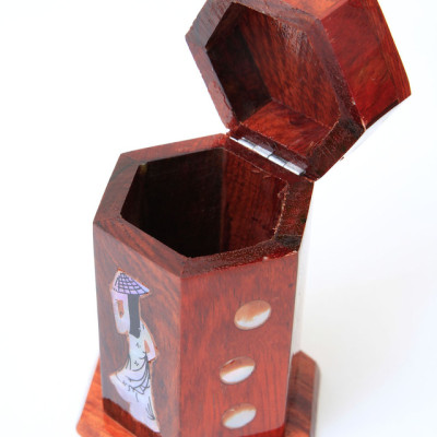 Lọ đựng tăm - hũ tăm gỗ hương khảm cô gái - loại đẹp