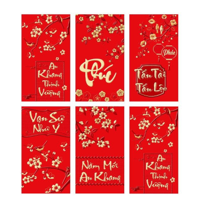 Set 6 phong bao lì xì tết đỏ thắm, chất đẹp, phong cách truyền thống (giao mẫu ngẫu nhiên)