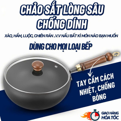 Chảo Sắt Lòng Sâu Chống Dính Phù Hợp Với Loại Bếp, Tay Cầm Cách Nhiệt Chống Bỏng, Chảo Nấu Ăn Tiện Lợi - HÀNG CHÍNH HÃNG MINIIN