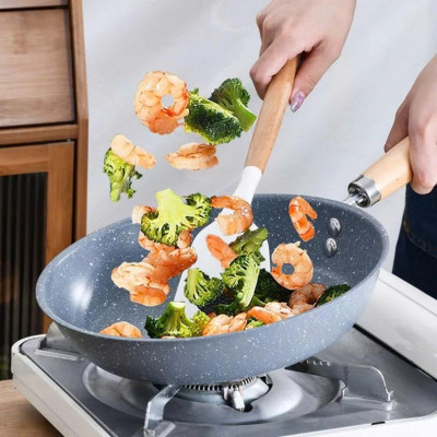 Chảo Chiên Đáy Nông Vân Đá 25cm Tay Cầm Gỗ Chảo Chống Dính Dễ Lau Chùi, Phù Hợp Mọi Loại Bếp Dẫn Nhiệt Đều Và Nhanh