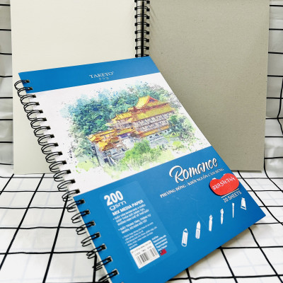 Sổ Vẽ Lò Xo Đa Năng Cao Cấp 20 Tờ Size A4-A5 Định Lượng Giấy 200GMS Và 300GMS Bìa Nhựa Chống Thấm Nước ROMACE TAKEYO, Sổ Vẽ Chuyên Dùng Cho Màu Nước