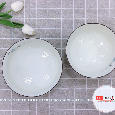 Bộ bát đĩa men kem Bát Tràng cao cấp vẽ đào xanh