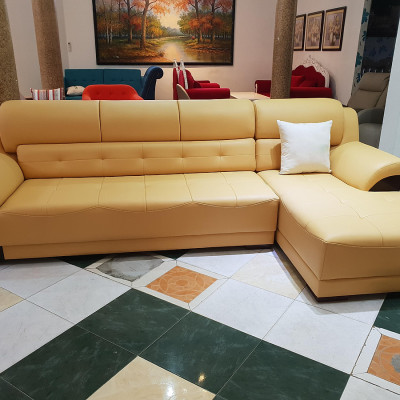 Sofa da góc L Tundo 2m7 x 1m6 màu kem đậm nệm rút