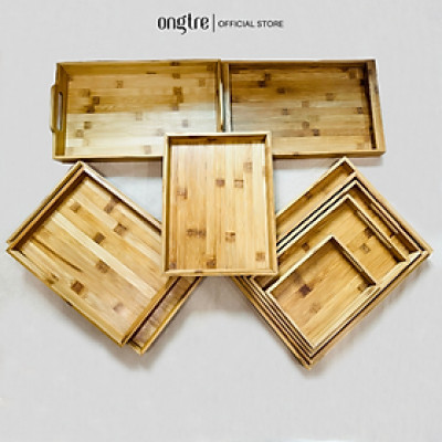 Khay trà bằng tre công nghiệp hình chữ nhật có tay cầm, khay tre phục vụ nhà hàng, khách sạn | ongtre