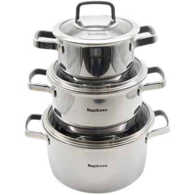 Bộ 3 Nồi Đáy Từ Đa Lớp Nguyên Khối Inox 304 Cao Cấp Nagakawa NAG1353 (16cm, 20cm, 24cm) - Dùng Trên Mọi Loại Bếp - Hàng Chính Hãng
