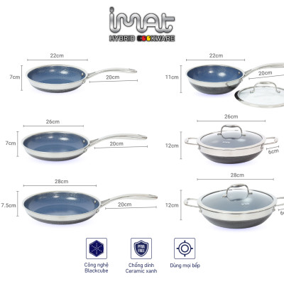 [Hàng chính hãng] Chảo chiên/ rán iMAT Hybrid Blackcube chống dính Ceramic lòng xanh mới size 22cm