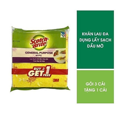 Combo 4 khăn lau đa năng MÀU VÀNG 3M SCOTCH-BRITE , 34 CM X 35 CM, 4 CÁI/GÓI