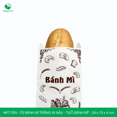 MFT1T5N - 24x10x4 cm - 100 Túi bánh mì Trắng, in sẵn họa tiết GIỎ BÁNH MÌ - Bao bánh mì Túi giấy thực phẩm an toàn