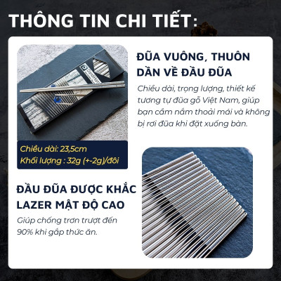 Bộ 10 đôi đũa inox 304 - 316 DandiHome 2020 chống trơn trượt, sang trọng, tinh tế