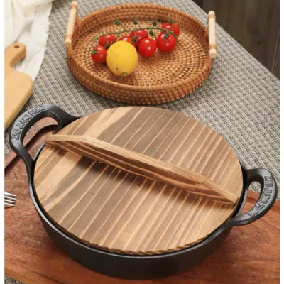 Chảo Nồi Gang Sâu Lòng Đúc Nguyên Khối Size 20cm & 25cm, Tặng Kèm Vung Gỗ - HÀNG CHÍNH HÃNG MINIIN