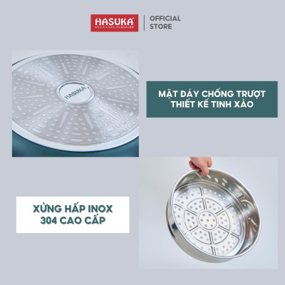 Chảo chống dính cao cấp HASUKA HSK-368CR- kèm xửng hấp inox, thiết kế cách điệu sang trọng, dùng được trên mọi loại bếp
