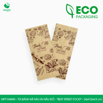 MFT1N4NN - 24x9.5x4.5 cm - 200 Túi bánh mì Nâu, in sẵn họa tiết BEST STREET FOOD - Bao bánh mì Túi giấy thực phẩm an toàn