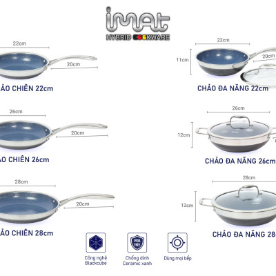 [Hàng chính hãng] Chảo chiên/ rán iMAT Hybrid Blackcube chống dính Ceramic lòng xanh mới size 26cm