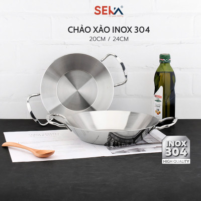 Chảo xào Inox 304 2 quai Seka đúc nguyên khối 3 lớp, Chảo Inox đáy từ dùng mọi loại bếp