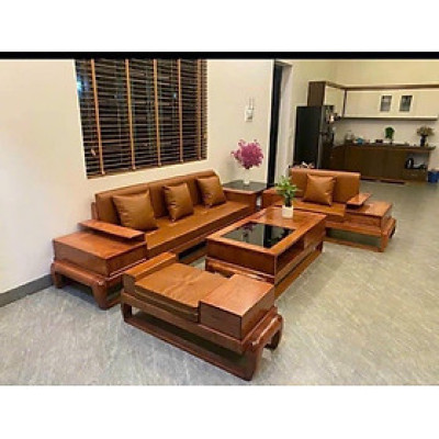 Bộ ghế gỗ sồi nệm da Juno Sofa dày 15 cm kích thước 3m x 2m x 80 cm