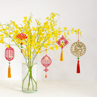 Bộ 12 dây phụ kiện handmade treo Tết trang trí cây mai đào, mix màu vàng đỏ MIX12