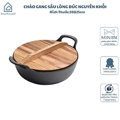 Chảo Nồi Gang Sâu Lòng Đúc Nguyên Khối Size 20cm & 25cm, Tặng Kèm Vung Gỗ - HÀNG CHÍNH HÃNG MINIIN