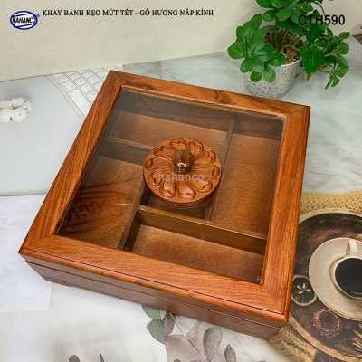 Khay Bánh Kẹo Mứt Tết Gỗ Hương Nắp Kính Vuông Trong Suốt Thiết Kế Trang Trọng - CTH590