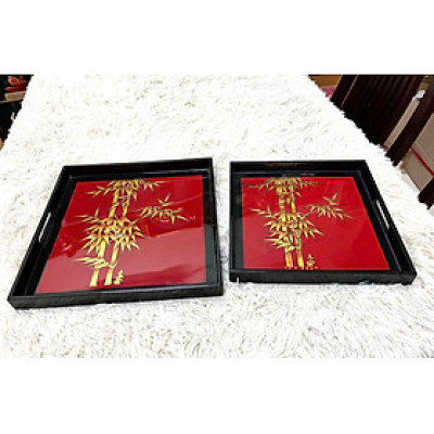 Bộ hai khay sơn mài cao cấp - Mã KV01 - Họa tiết Cành Trúc dát vàng đẹp mắt, sang trọng, quà tặng ý nghĩa