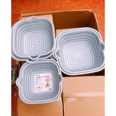 SET 3 BỘ THAU CHẬU RỔ NHỰA VIỆT NHẬT CAO CẤP GỒM 3 RỔ 3 THAU CHẬU ( tặng móc dán inox to )