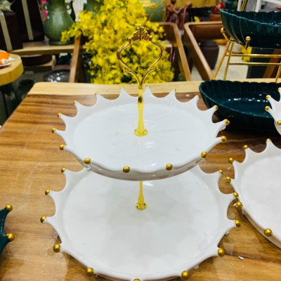 KHAY ĐỰNG BÁNH KẸO HOA QUẢ HAI TẦNG BẰNG SỨ CAO  CẤP VIỀN VƯƠNG MIỆN - ANTH659