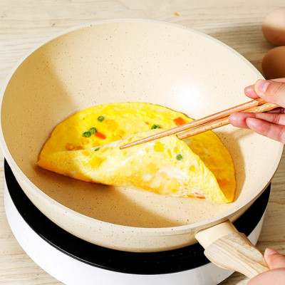 Chảo Chống Dính Bếp Từ Vân Đá Kiểu Nhật Không Nắp Size 22cm Cán Gỗ, Chảo Đáy Từ Ceramic Màu Trắng Kem Sang Trọng, Cao Cấp Dùng Cho Mọi Loại Bếp