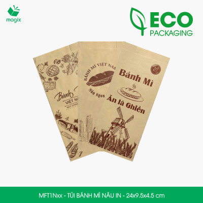 Combo 100 Túi bánh mì Nâu 24x9.5x4.5 cm - In sẵn họa tiết nhiều mẫu - Bao bánh mì Túi giấy thực phẩm an toàn