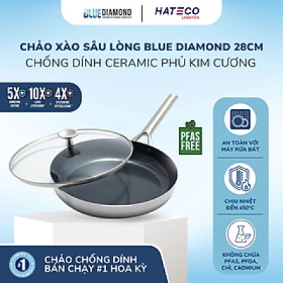 Chảo sâu lòng chống dính thép không gỉ phủ tinh thể kim cương cao cấp Blue Diamond 28cm có nắp kính