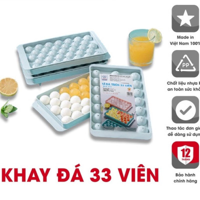 Khuôn Làm Đá, Khay Đá Bi Tròn, Vỉ Làm Thạch Rau Câu 33 Viên TRÒN Có Nắp Đậy Kín Nhựa Việt Nhật