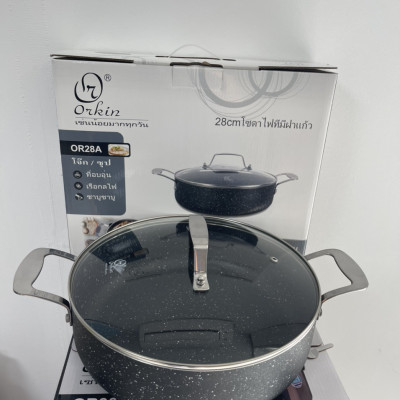 Nồi lẩu chống dính vân đá Orkin Thái Lan size 26cm/28cm, vung kính đáy từ - Hàng chính hãng